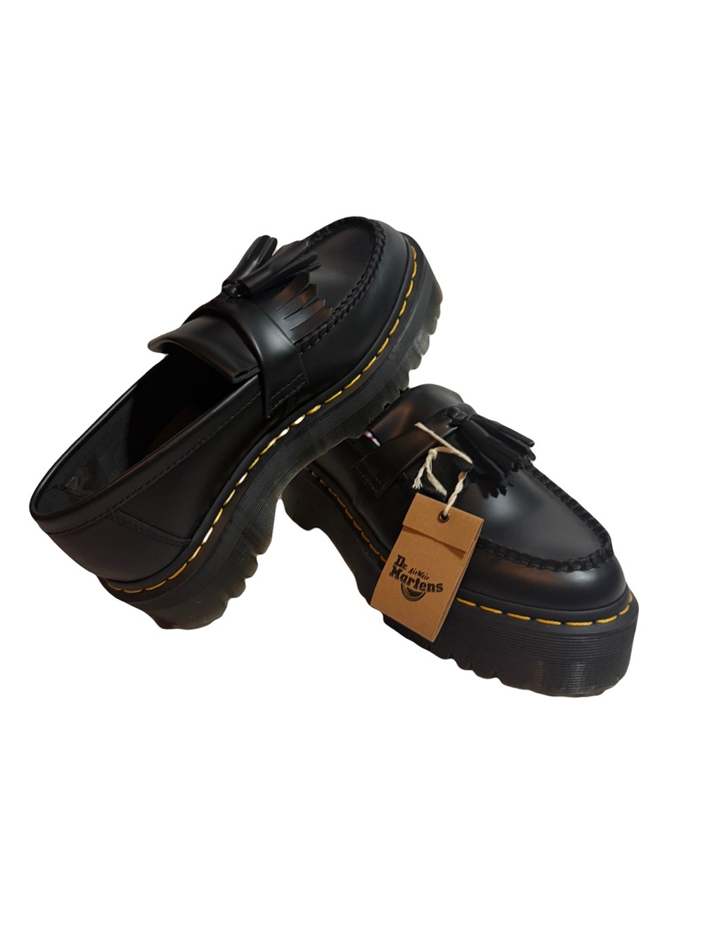 Dr. Martens Black Tassel Platform Loafers with Yellow Stitching